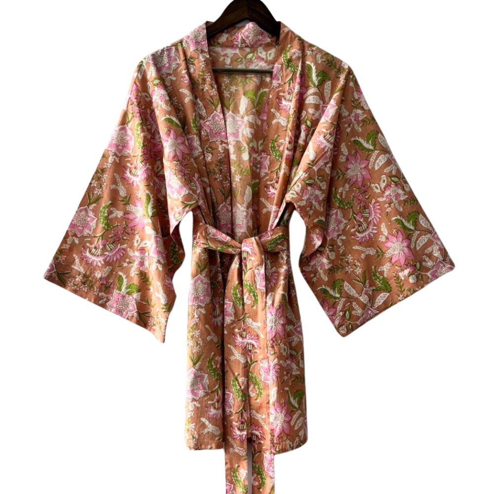 Bata Glow 100% Algodón palo rosa con flores