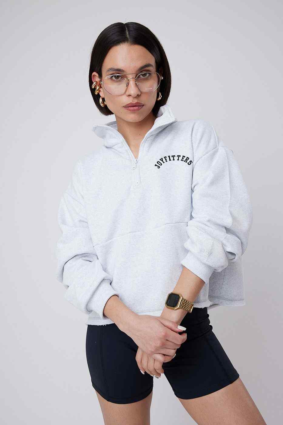 Zip Sweatshirt Crop White Grey