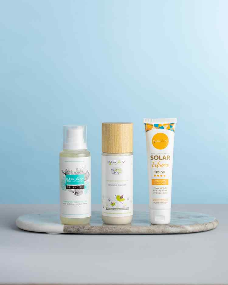 Pack cuidado total básicos; Gel limpiador, Emulsión recuperadora y Bloqueador solar adulto SPF 50