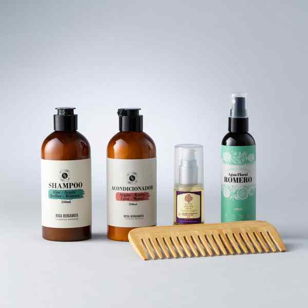 Pack Anticaída Shampoo + Acondicionador + Argán 30ml + Agua de Romero PEINETA DE MADERA DE REGALO